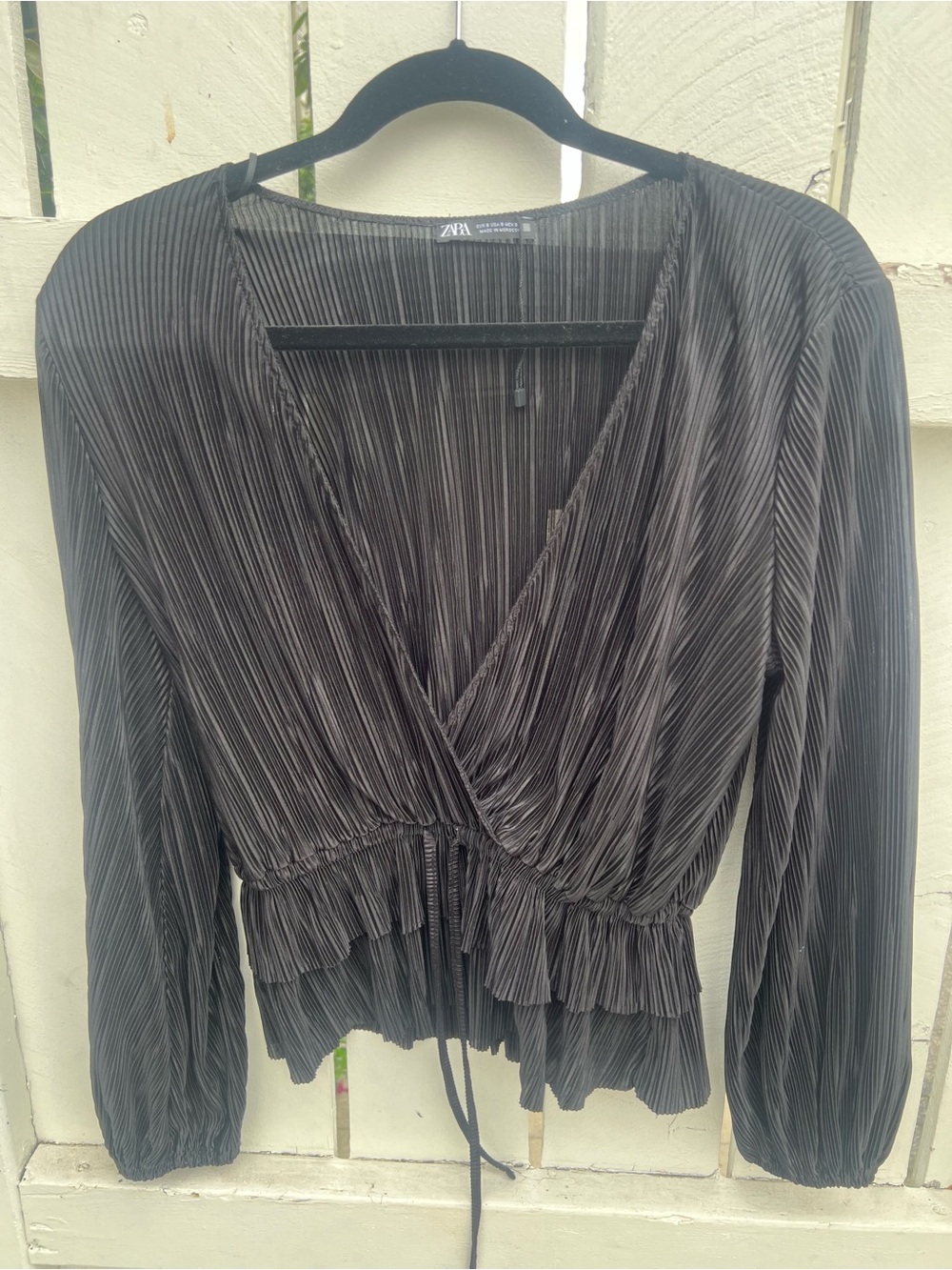 Zara Black Pleated Surplice Blouse NWOT